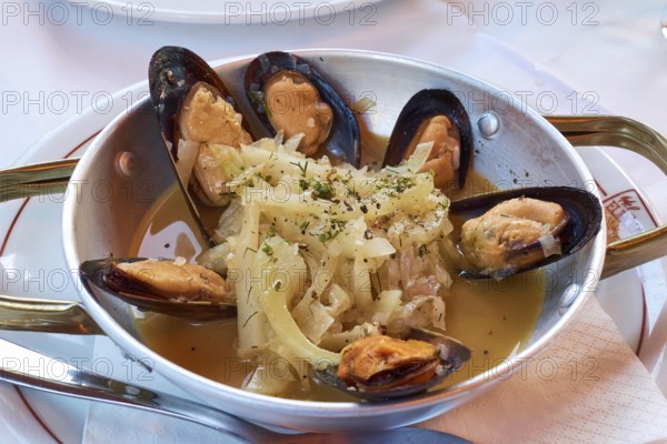 Tasty seafood platter with mussels and aromatic herbs in an elegant restaurant, Hotel Europa, garden restaurant and views of the surrounding countryside, Olympia, Peloponnese, Greece