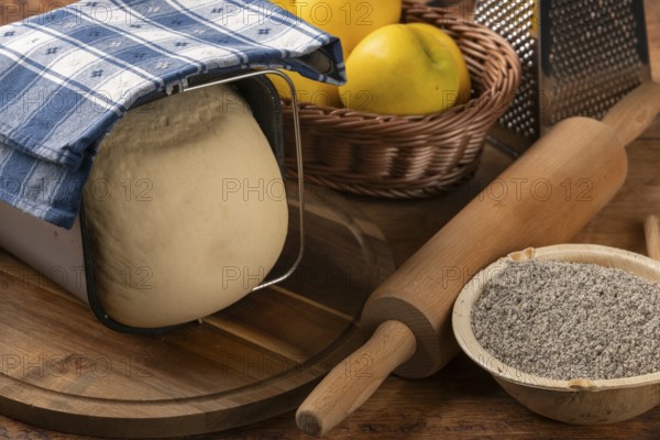 Dough in a metal mold under a tea towel next to apples, poppy seeds and rolling pin