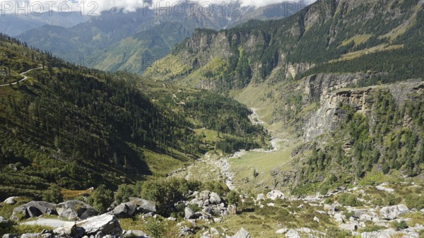 Landscape with low-lying valleys and a forested mountain range on the Manali-Leh Highway, Trekking Ladakh, Himachal Pradesh, Himalayas, India