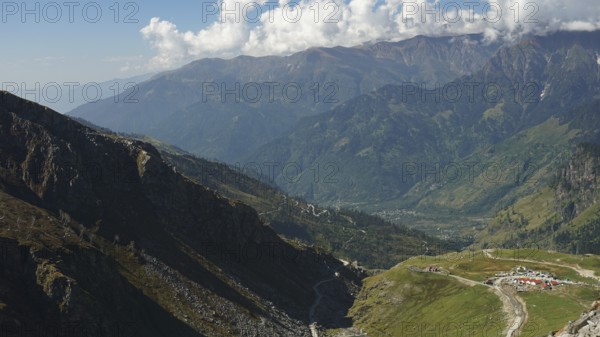 Wide mountain landscape with valleys under a cloudy sky, trekking in Ladakh, Manali-Leh Highway, Himachal Pradesh, Ladakh, India