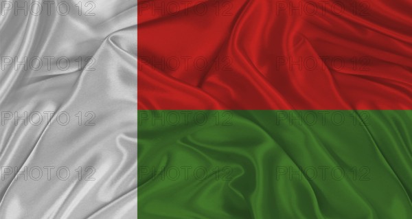 Malagasy flag with fabric texture. Realistic flag of Madagascar waving, National flag