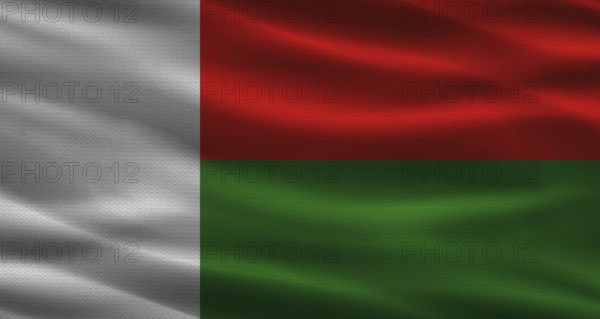 Malagasy flag with fabric texture. Realistic flag of Madagascar waving