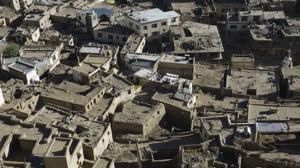 Close-up of traditional Tibetan-style houses built close together, Leh, trekking in Ladakh, Himalayas, India