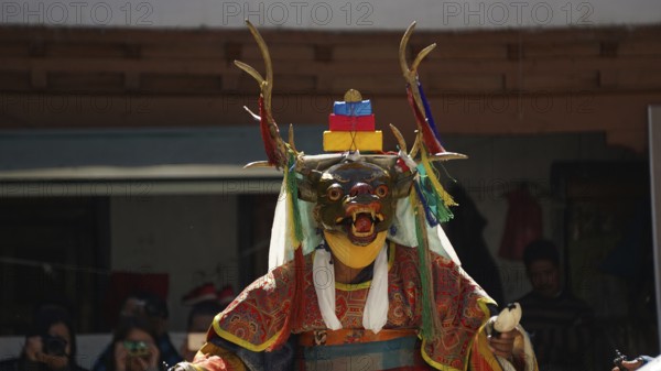 A dancer wears a decorative animal mask with antlers and colorful clothing during a traditional ritual in Leh, trekking in Ladakh, Himalayas, India