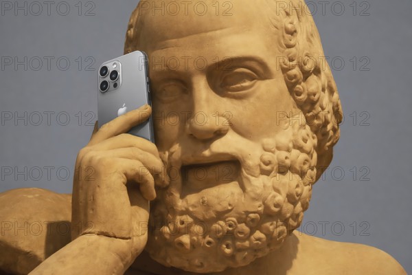 Partially AI-generated, head of the statue of the seer, east gable of the Temple of Zeus, preparations for the chariot race between Pelops and Oinomaos, statue of a man with smartphone, combines ancient appearance with modern technology, Olympia Archaeological Museum, Ancient Olympia, Olympia, Peloponnese, Greece