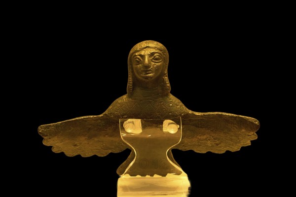 Winged female bronze figure, handle attache, golden statue with human figure and spread wings, artfully designed, Olympia Archaeological Museum, Ancient Olympia, Olympia, Peloponnese, Greece