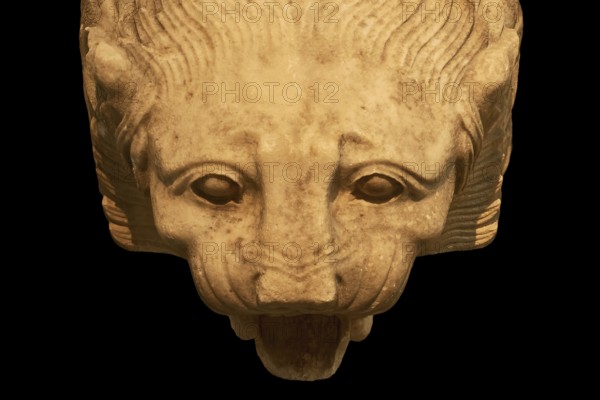 Stone lion head with expressive facial features and open snout on dark background, Olympia Archaeological Museum, Ancient Olympia, Olympia, Peloponnese, Greece