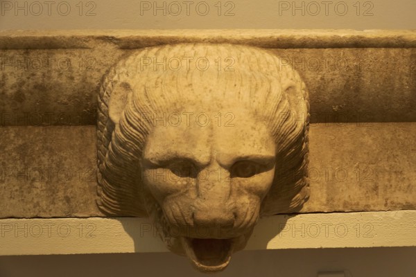 Stone lion head in ancient architectural style as a decorative element, Olympia Archaeological Museum, Ancient Olympia, Olympia, Peloponnese, Greece
