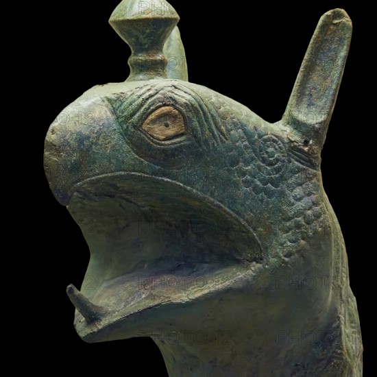 Bronze griffin protome, green-brown bronze depiction of an imaginary being with fine scale patterns, Olympia Archaeological Museum, Ancient Olympia, Olympia, Peloponnese, Greece