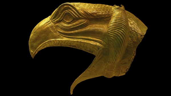 Bronze griffin protome, majestic eagle head figure in golden sculpture with fine details, Olympia Archaeological Museum, Ancient Olympia, Olympia, Peloponnese, Greece