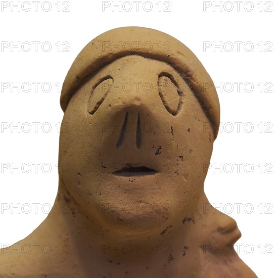 Anthropomorphic votive statuette, abstract clay figure with indicated headdress and simple details, Olympia Archaeological Museum, Ancient Olympia, Olympia, Peloponnese, Greece