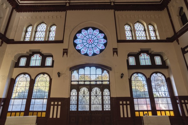 Istanbul, Turkey 10th November 2022 Beautiful stained glass windows inside a waiting room at Sirkeci train station, once the terminus of the Orient Express, Istanbul, Turkey