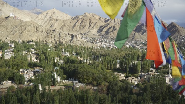 Colourful prayer flags against a green, mountainous landscape under blue sky, Leh, trekking in Ladakh, Himalayas, India