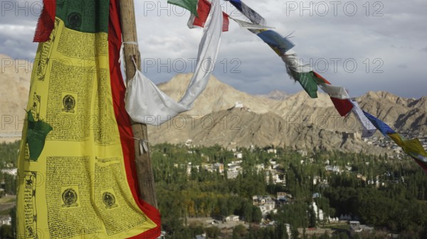 Close-up, colorful prayer flags fluttering in the wind against a mountainous landscape with clear sky, Leh, trekking in Ladakh, Himalayas, India