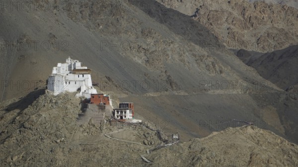 Hike to Namgyal Tsemo Buddhist monastery, perched on a rocky mountain in the midst of bare landscape near Leh, trekking in Ladakh, Himalayas, India