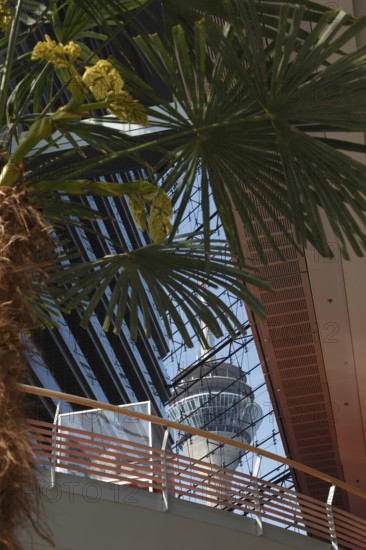 View of the Rhine Tower through the Düsseldorf City Gate, Düsseldorf, North Rhine-Westphalia, Germany