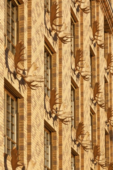 Yellow house, with a water-strewn brick façade and decorated with 52 moose shovels and hunting scenes on the roof ledge, built according to plans by Prof. Petzinka in 2008, Düsseldorf, North Rhine-Westphalia, Germany