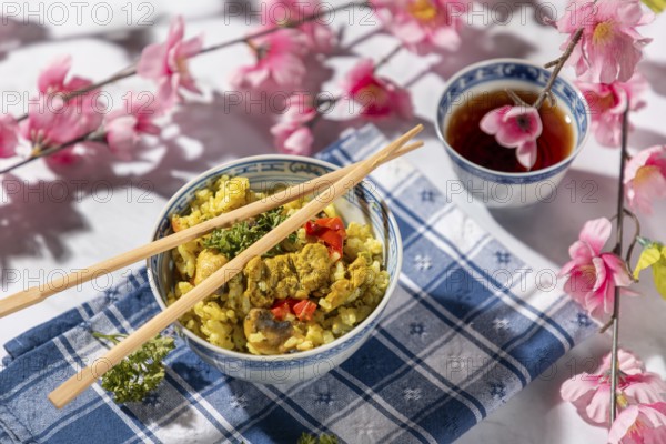 Chinese bowl with rice and vegetables next to tea, decorated with cherry blossoms