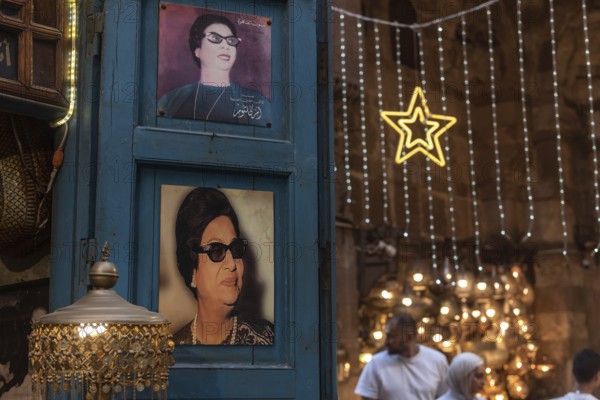 Cairo, Egypt. July 2nd 2024 Portraits of Umm Kulthum displayed in a Cairo cafe, an Egyptian singer, songwriter, and film actress known as The Voice of Egypt, a national icon popular throughout the Middle East