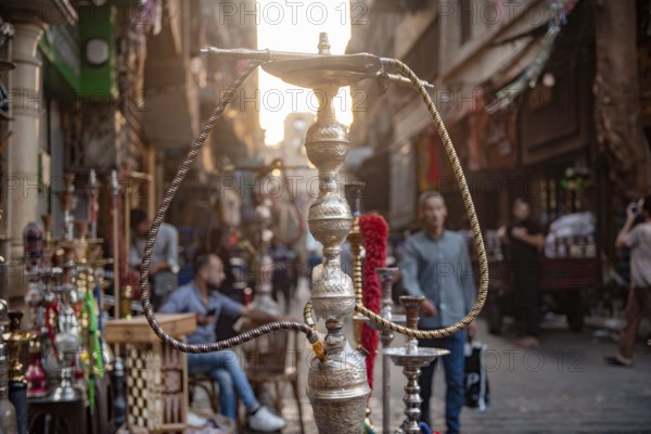 Cairo, Egypt. July 3rd 2024 A shishsa water pipe on display in the busy Khan El Khalili Bazaar district of Islamic Cairo, Egypt