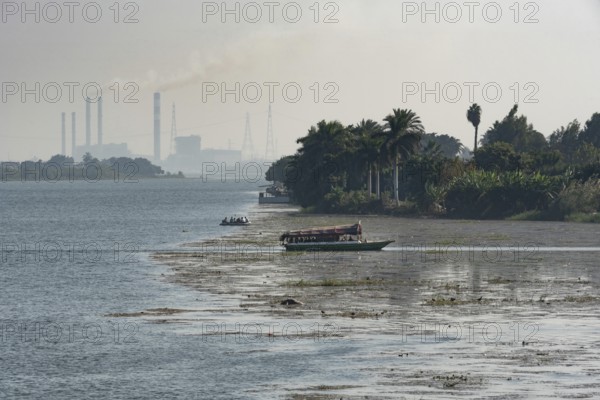 Qanater, Nile Delta. Egypt. December 18th 2022 A hazy polluted air view from the El Qanater Barrage, on the River Nile at the Delta Barrages, the Nile River divides into the Damietta and Western Rosetta branches