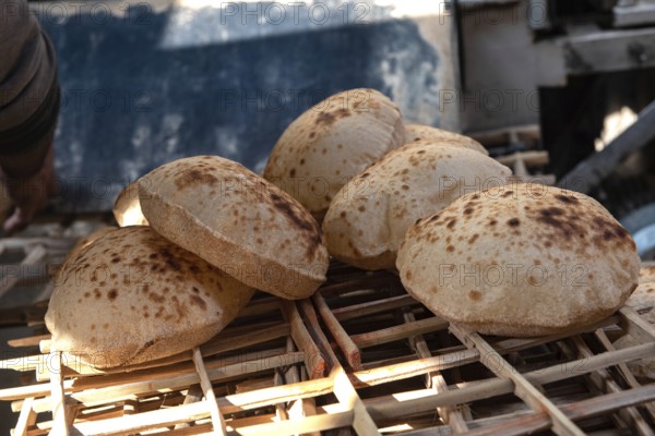 Freshly oven baked traditional Baladi flat bread, similar to pitta bread is a staple of Egyptian cuisine is cooked all over Egypt