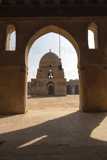 The interior architecture of the courtyard and dome of Ibn Tulin Mosque in Cairo, one of the oldest mosques in Egypt