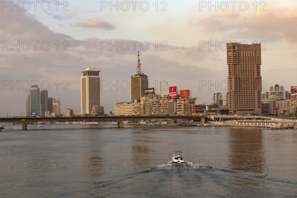 Cairo, Egypt, November 26th 2022 Cairo city skyline with Ramses Hilton Hotel over the River Nile from Kasr El Nil Bridge in Downtown Cairo, Egypt