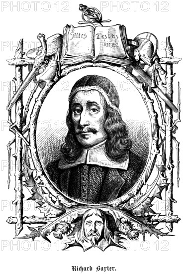 Richard Baxter (1615, 1691) England, writer, edification literature, Puritan minister, Calvinism, symbols, Bible, Old Testament, sword, portrait, historical illustration 1863