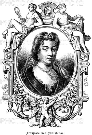Françoise d'Aubigné, Marquise de Maintenon, Madame de Maintenon, Frances of Maintenon (1635, 1719) France, favourite, mistress and, according to rumour, secret woman of King Louis XIV, symbols, two woman, naked upper body, mirror, angel, bow and arrow, portrait, historical illustration 1863