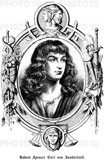 Robert Spencer 2ndEarl of Sunderland (1641, 1702) England, second earl, diplomat and politician, advisor to the English king, converted to Catholicism under James II, symbols, Janus head, snake, staff, scales, torch, sword, portrait, historical illustration 1863