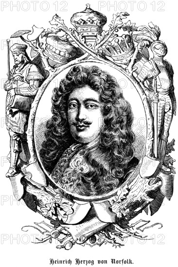 Henry Duke of Norfolk (1628, 1684) Henry Duke of Norfolk, Earl of Norwich, Earl of Norwich, England, Member of the House of Lords, House of Lords, Westminster Palace, symbols, crown, knight, seal, sword, armour, portrait, politician, historical illustration 1863