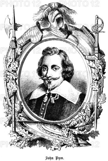 John Pym (1584 -1643) England, lawyer, politician, member of the English House of Commons, Puritan, dispute with the king, taxes, powers of parliament, symbols, pen, helmet, sword, halberd, shield, armour, portrait, historical illustration 1863