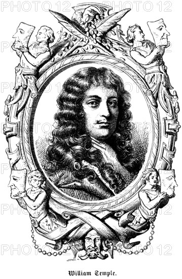 Sir William Temple 1st Baronet (1628 -1699) England, English statesman, writer, diplomat, First Treaty of Aachen of 1668, collaboration with Jonathan Swift, symbols, quill, masks, portrait, historical illustration 1863