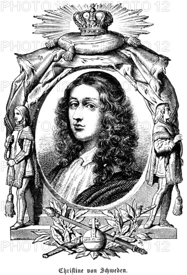 Christina of Sweden (1626-1689) Queen of Sweden, high nobility, ban on witch trials, conversion to Catholicism, symbols, crown, sceptre, sword, portrait, historical illustration 1863