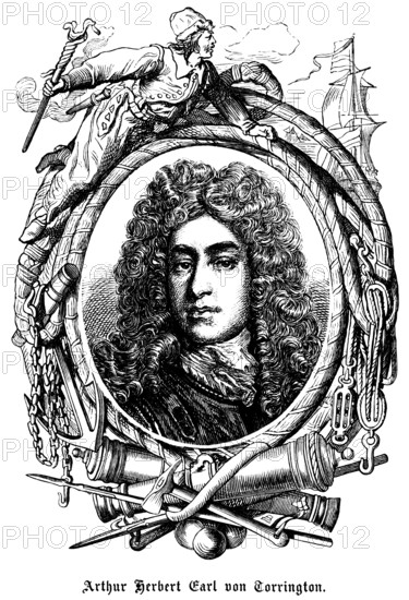 Arthur Herbert Earl of Torrington (ca. 1648 - 1716) England, naval officer of the English Navy, navy, admiralty, symbols, sailing ship, cannon, anchor chain, sailor, portrait, historical illustration 1863