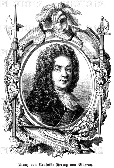François de Neufville, duc de Villeroy, Duke of Villeroy or Villeroi (1644, 1730) France, French high nobility, commander-in-chief of the army, Marshal of France, symbols, pen, helmet, sword, halberd, shield, armour, portrait, historical illustration 1863