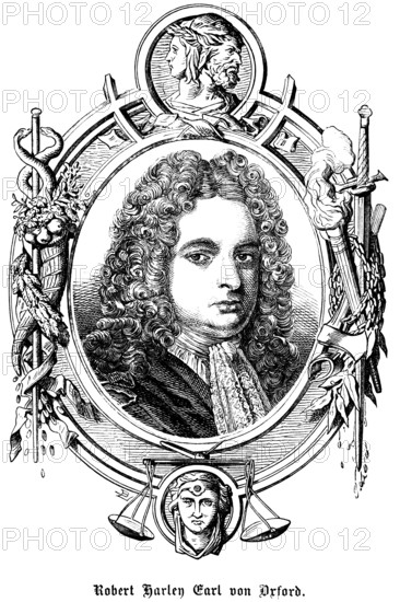 Robert Harley Earl of Oxford (1661, 1724) England, earl, nobility, major, military, Speaker of the House of Commons, Speaker of the House of Commons politician, symbols, Janus head, snake, staff, scales, torch, sword, portrait, historical illustration 1863