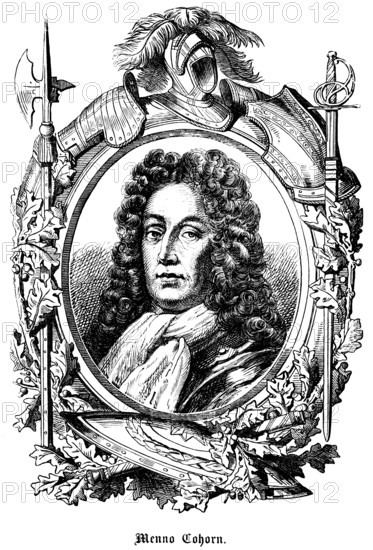 Menno Cohorn or Baron van Coehoorn (1632, 1704) Netherlands, Dutch nobility, engineer, general, military, symbols, pen, helmet, sword, hall bard, shield, armour, portrait, historical illustration 1863
