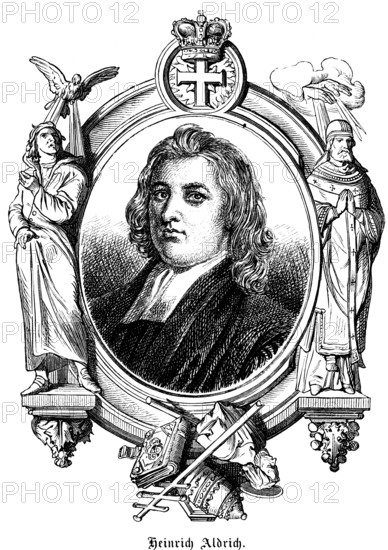 Henry Aldrich (1647, 1710) England, philosopher, musician, composer, theologian, Oxford Philosophical Society, co-founder of the Oxford Philosophical Society, Church of England, Church of England, reworked hymns, famous personage, symbols, crown, cross, papal insignia, Bible, mitre, hand of God, portrait, historical illustration 1863