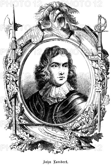 John Lambert (1619, 1684) England, politician, victorious battles, major-general and commander-in-chief, symbols, pen, helmet, sword, halberd, shield, armour, portrait, historical illustration 1863