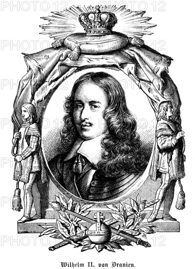 Willem, William II of Orange (1626, 1650) Republic of the United Netherlands, governor, government, Republic of the Seven Provinces, House of Orange-Nassau, unclear governmental relations, disputes, independence, insecurity, symbols, crown, sceptre, sword, portrait, historical illustration 1863