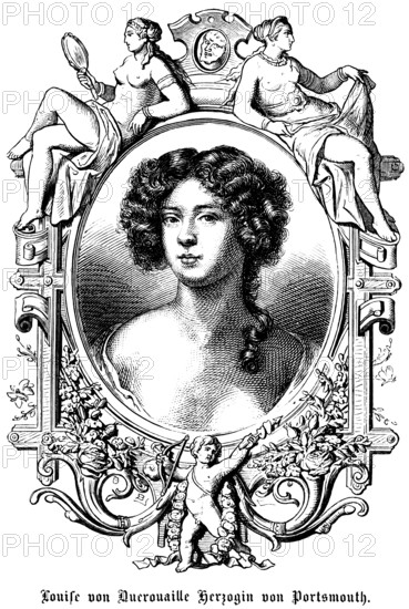 Louise de Kérouaille Duchess of Portmouth, France, mistress of the English King Charles II, King Charles II, suspicion of espionage, symbols, two woman, naked upper body, mirror, angel, bow and arrow, portrait, historical illustration 1863