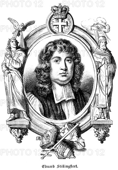 Edward Stillingfleet (1635-1699) England, English theologian, bishop, author, symbols, crown, cross, papal insignia, Bible, mitre, hand of God, portrait, historical illustration 1863