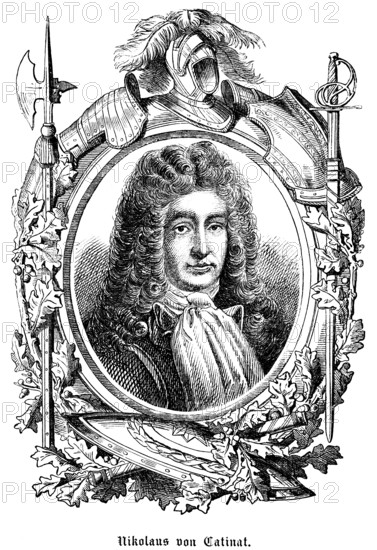Nicolas III de Catinat de La Fauconnerie (1637, 1712) Nicholas of Catinat, France, Inspector General of the Army, state title of honour Marshal of France, Ancien Régime, symbols, pen, helmet, sword, halberd, shield, armour, portrait, historical illustration 1863