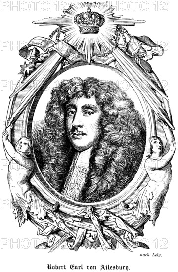 Robert Bruce Earl of Ailesbury (1664 -1685) Scotland, politician, Member of Parliament, Member of the English Parliament, Earl, nobility, symbols, crown, sword, portrait, historical illustration 1863