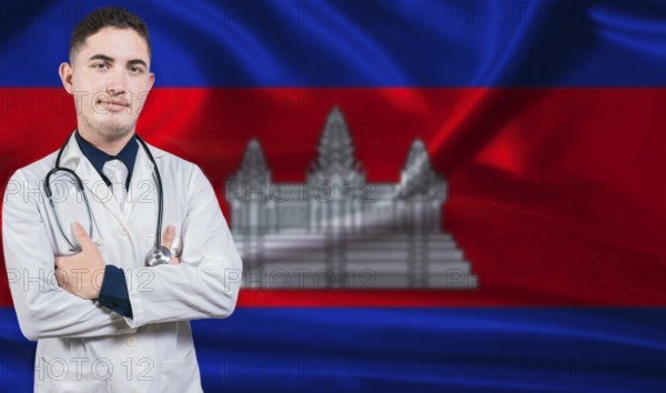 Portrait of medical professional on Cambodia flag background. Cambodian national health system