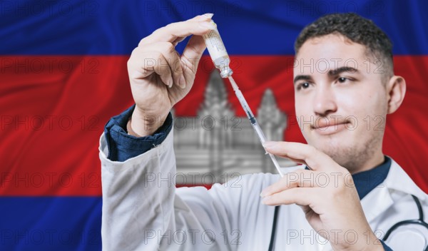 Doctor holding syringe on Cambodia flag background. Medical professional holding syringe with Cambodian flag in the background