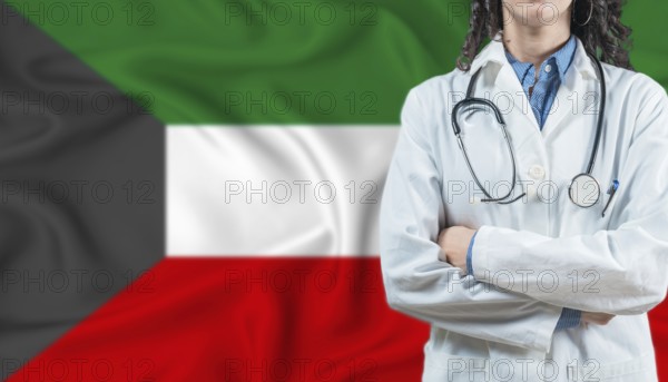 Medical professional on Kuwait flag. Healthcare and wellness in Kuwait, Concept