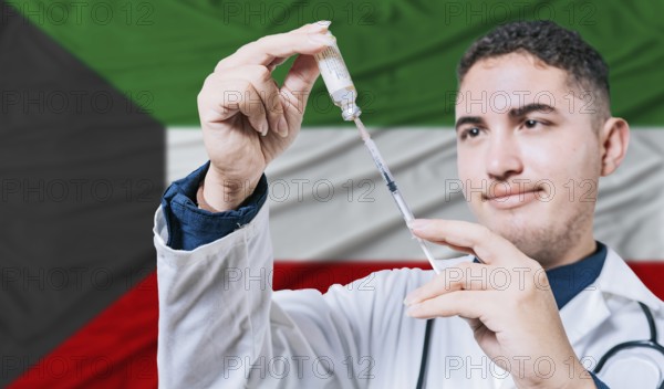 Doctor holding syringe on Kuwait flag background. Medical professional holding syringe with Kuwaiti flag in the background
